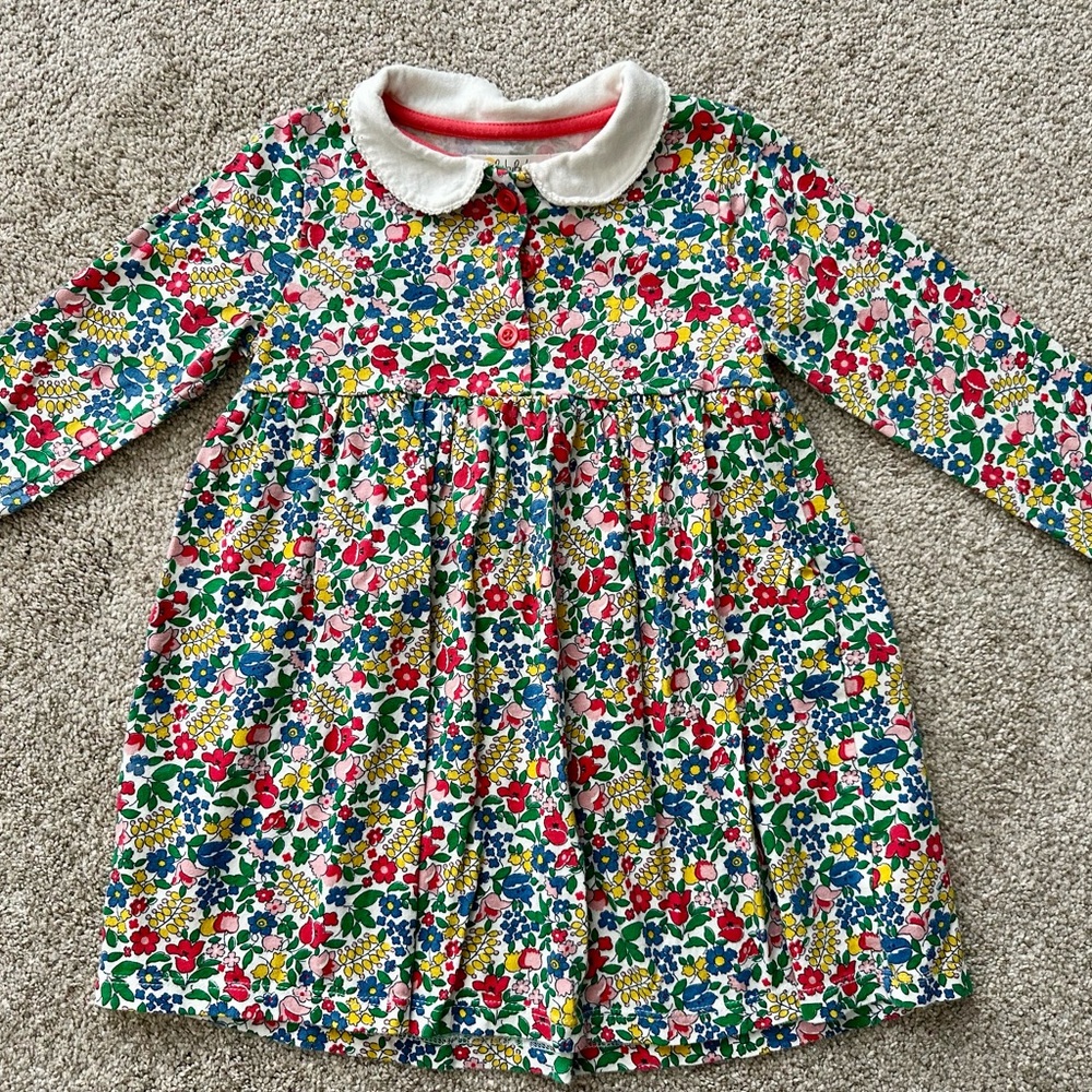 Baby Boden Floral Long Sleeve Dress with White Peter Pan Collar